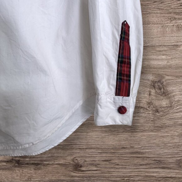 Vintage Tartan Plaid Red Green Preppy Covered Buttons White Cotton Blouse Tunic - Picture 2 of 6